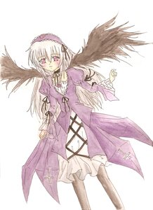 Rating: Safe Score: 0 Tags: 1girl black_wings blush cross-laced_clothes detached_collar dress frills hairband image long_hair long_sleeves looking_at_viewer ribbon simple_background solo standing suigintou white_background wings User: admin