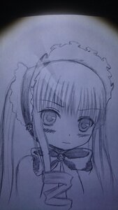 Rating: Safe Score: 0 Tags: 1girl bangs closed_mouth eyebrows_visible_through_hair frown image looking_at_viewer maid_headdress monochrome ribbon shinku simple_background solo traditional_media upper_body User: admin