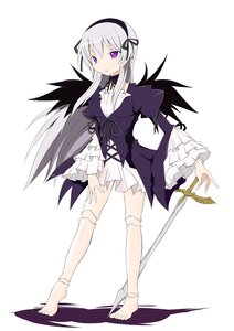 Rating: Safe Score: 0 Tags: 1girl barefoot black_wings doll_joints dress frills full_body hairband image joints long_hair long_sleeves looking_at_viewer purple_eyes ribbon solo standing suigintou weapon white_background wings User: admin