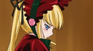 Rating: Safe Score: 0 Tags: 1girl blonde_hair blue_eyes bonnet bow flower image long_hair long_sleeves red_dress rose shinku simple_background solo twintails User: admin