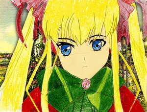 Rating: Safe Score: 0 Tags: 1girl bangs blonde_hair blue_eyes bow face flower image long_hair looking_at_viewer pink_flower pink_rose portrait rose shinku sidelocks solo User: admin