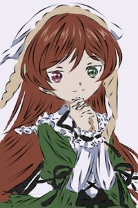 Rating: Safe Score: 0 Tags: 1girl blurry brown_hair closed_mouth depth_of_field dress frills green_dress green_eyes grey_background hands_clasped heterochromia holding_hands image long_hair long_sleeves looking_at_viewer own_hands_together red_eyes ribbon simple_background smile solo suiseiseki very_long_hair User: admin