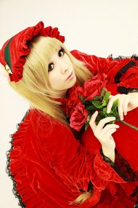 Rating: Safe Score: 0 Tags: 1girl blonde_hair blue_eyes dress flower holding holding_flower lips long_hair long_sleeves looking_at_viewer realistic red_dress red_flower red_rose rose shinku simple_background solo upper_body User: admin