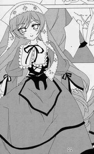 Rating: Safe Score: 0 Tags: 1girl dress frills greyscale image long_hair long_sleeves looking_at_viewer monochrome ribbon smile solo suiseiseki very_long_hair User: admin