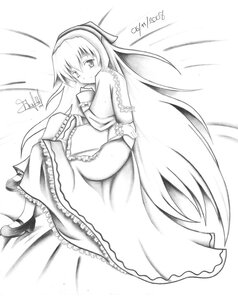 Rating: Safe Score: 0 Tags: 1girl blush dress frills greyscale hairband image long_hair long_sleeves looking_at_viewer lying monochrome shoes solo suiseiseki very_long_hair User: admin