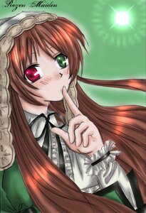 Rating: Safe Score: 0 Tags: 1girl auto_tagged blush brown_hair dress finger_to_mouth frills green_eyes hat heterochromia image index_finger_raised long_hair long_sleeves looking_at_viewer red_eyes simple_background solo suiseiseki upper_body very_long_hair User: admin