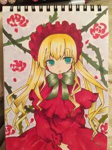 Rating: Safe Score: 0 Tags: 1girl blonde_hair blue_eyes bonnet bow bowtie capelet dress flower image long_hair long_sleeves looking_at_viewer marker_(medium) petals red_capelet red_dress shinku solo traditional_media twintails very_long_hair User: admin