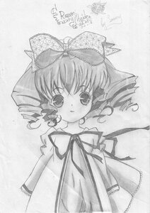 Rating: Safe Score: 0 Tags: 1girl blush bow dress drill_hair graphite_(medium) greyscale hina_ichigo hinaichigo image long_sleeves looking_at_viewer monochrome ribbon simple_background solo traditional_media twin_drills white_background User: admin