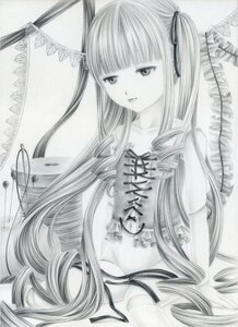 Rating: Safe Score: 0 Tags: 1girl bangs greyscale hair_ribbon image long_hair looking_at_viewer monochrome ribbon shinku short_sleeves solo traditional_media twintails upper_body very_long_hair User: admin