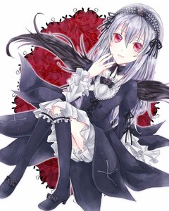 Rating: Safe Score: 0 Tags: 1girl black_ribbon black_wings dress feathers flower frills hairband image kneehighs lolita_fashion long_hair long_sleeves looking_at_viewer red_eyes ribbon silver_hair sitting solo suigintou wings User: admin