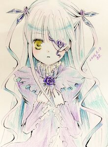 Rating: Safe Score: 0 Tags: 1girl bangs barasuishou blue_flower butterfly_hair_ornament dress eyepatch flower frills hair_ornament image long_hair long_sleeves looking_at_viewer purple_flower ribbon rose solo traditional_media two_side_up upper_body yellow_eyes User: admin