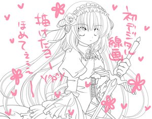 Rating: Safe Score: 0 Tags: 1girl blush dress flower frills hairband heart image long_hair long_sleeves monochrome ribbon simple_background solo suigintou very_long_hair User: admin