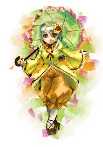 Rating: Safe Score: 0 Tags: 1girl bow dress flower full_body green_eyes green_hair hair_ornament holding holding_umbrella image kanaria long_sleeves looking_at_viewer parasol personification solo standing umbrella yellow_dress User: admin