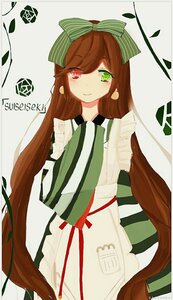 Rating: Safe Score: 0 Tags: 1girl apron bow brown_hair green_eyes image japanese_clothes long_hair long_sleeves looking_at_viewer maid_apron smile solo striped suiseiseki white_apron User: admin