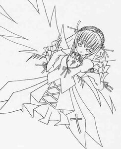 Rating: Safe Score: 0 Tags: 1girl dress eyebrows_visible_through_hair frills greyscale hairband image juliet_sleeves lolita_hairband long_hair long_sleeves looking_at_viewer monochrome ribbon simple_background solo suigintou very_long_hair white_background wings User: admin