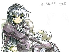 Rating: Safe Score: 0 Tags: 1girl dated dress frills gothic_lolita hairband hat image juliet_sleeves lolita_fashion long_hair long_sleeves looking_at_viewer puffy_sleeves silver_hair simple_background smile solo suigintou white_background User: admin