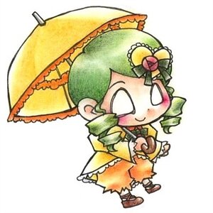 Rating: Safe Score: 0 Tags: 1girl blush chibi drill_hair food frills full_body green_hair hair_ornament holding_umbrella image kanaria open_mouth parasol simple_background smile solo umbrella white_background User: admin