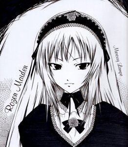 Rating: Safe Score: 0 Tags: 1girl bangs blush bow bowtie closed_mouth flower hairband image long_hair long_sleeves looking_at_viewer monochrome rose simple_background solo suigintou upper_body User: admin