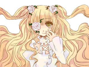 Rating: Safe Score: 0 Tags: 1girl blonde_hair dress eyepatch flower frills hair_flower hair_ornament image kirakishou long_hair long_sleeves pink_rose rose smile solo thorns very_long_hair white_flower white_rose yellow_eyes User: admin