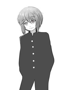 Rating: Safe Score: 0 Tags: 1girl bangs closed_mouth cowboy_shot gakuran greyscale image long_sleeves looking_at_viewer monochrome nishizumi_maho short_hair simple_background smile solo souseiseki standing striped striped_background upper_body vertical_stripes white_background User: admin