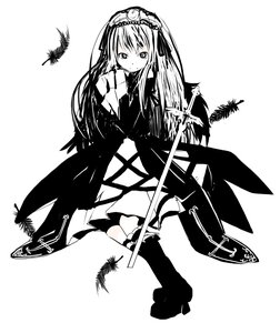 Rating: Safe Score: 0 Tags: 1girl bird boots cross dress feathers greyscale hairband image lolita_hairband long_hair looking_at_viewer monochrome ribbon solo standing striped suigintou thighhighs User: admin