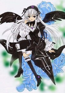 Rating: Safe Score: 0 Tags: 1girl black_dress black_wings blurry boots commentary_request dress flower frills hairband high_heels image knee_boots long_hair long_sleeves looking_at_viewer red_eyes ribbon rose rozen_maiden sakiran_densha shoes silver_hair smile solo suigintou wings User: admin