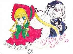 Rating: Safe Score: 0 Tags: 2girls blonde_hair bonnet bow dress flower frills green_neckwear image long_hair long_sleeves looking_at_viewer multiple_girls pair rose shinku simple_background suigintou traditional_media User: admin