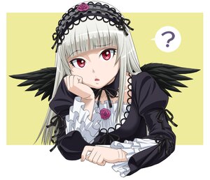 Rating: Safe Score: 3 Tags: 1girl ? bangs black_wings blunt_bangs bonnet chin_rest commentary_request confused doll_joints feathered_wings feathers flower frilled_sleeves frills gothic_lolita hairband head_rest ichikawa_masahiro image joints lolita_fashion lolita_hairband long_hair long_sleeves looking_at_viewer open_mouth red_eyes red_flower red_rose ribbon rose rozen_maiden silver_hair simple_background solo suigintou upper_body wings User: admin
