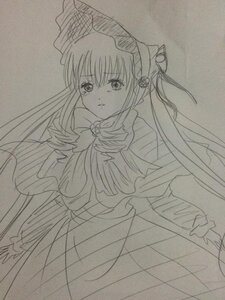 Rating: Safe Score: 0 Tags: 1girl dress hat image long_hair long_sleeves looking_at_viewer monochrome shinku simple_background sketch solo traditional_media twintails very_long_hair User: admin