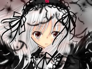 Rating: Safe Score: 0 Tags: 1girl black_ribbon black_wings blush dress flower gloves hair_ribbon hairband image long_hair looking_at_viewer red_eyes ribbon rose silver_hair solo suigintou User: admin