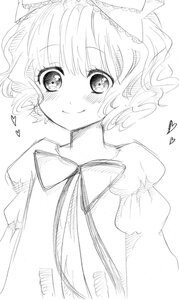 Rating: Safe Score: 0 Tags: 1girl blush bow greyscale hair_bow hair_ribbon heart heart-shaped_pupils hinaichigo image looking_at_viewer monochrome puffy_sleeves ribbon smile solo striped upper_body User: admin