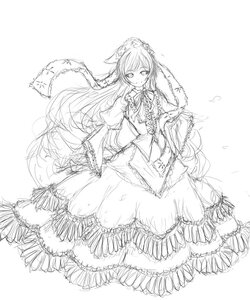 Rating: Safe Score: 0 Tags: 1girl dress frilled_dress frills greyscale image lolita_fashion long_hair long_sleeves looking_at_viewer monochrome solo suiseiseki very_long_hair User: admin
