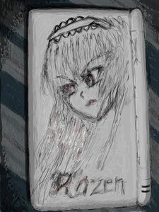 Rating: Safe Score: 0 Tags: 1girl blood hood horror_(theme) image monochrome photo red_eyes solo spot_color suigintou traditional_media User: admin