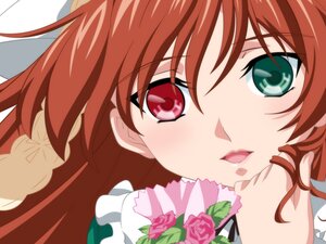 Rating: Safe Score: 0 Tags: 1girl blush bouquet brown_hair close-up eyebrows_visible_through_hair flower green_eyes holding_bouquet image long_hair looking_at_viewer open_mouth pink_flower pink_rose red_eyes red_hair ribbon rose smile solo suiseiseki white_rose User: admin