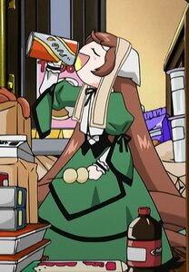 Rating: Safe Score: 0 Tags: 1girl apron brown_hair closed_eyes dress eating food green_dress head_scarf image long_hair solo suiseiseki User: admin