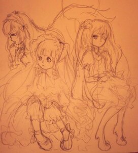 Rating: Safe Score: 0 Tags: 3girls detached_sleeves dress hair_ornament hairband image long_hair monochrome multiple multiple_girls sketch tagme traditional_media User: admin