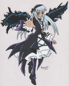 Rating: Safe Score: 0 Tags: 1girl bangs black_dress black_ribbon black_wings boots dress feathered_wings feathers frilled_sleeves frills full_body hat image long_hair long_sleeves looking_at_viewer red_eyes ribbon simple_background solo suigintou wings User: admin