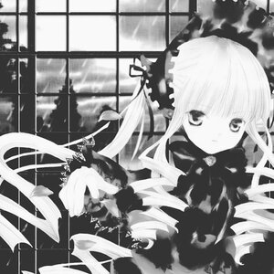Rating: Safe Score: 0 Tags: 1girl cloud dress frills greyscale image long_hair long_sleeves looking_at_viewer monochrome shinku sky solo very_long_hair User: admin