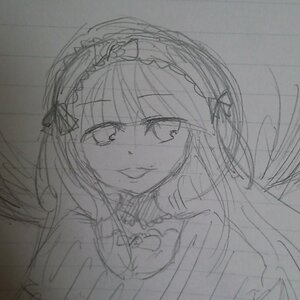 Rating: Safe Score: 0 Tags: 1girl crying eyebrows_visible_through_hair feathered_wings greyscale hairband image looking_at_viewer monochrome sketch smile solo suigintou traditional_media wings User: admin