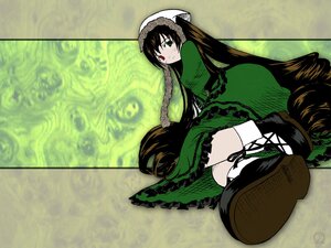 Rating: Safe Score: 0 Tags: 1girl boots brown_hair dress frills green_dress green_eyes heterochromia image long_hair long_sleeves looking_at_viewer looking_back red_eyes smile solo suiseiseki very_long_hair User: admin
