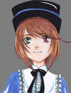 Rating: Safe Score: 0 Tags: 1girl black_neckwear bow brown_hair closed_mouth eyebrows_visible_through_hair frills green_eyes hat heterochromia image looking_at_viewer red_eyes short_hair smile solo souseiseki transparent_background User: admin