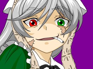 Rating: Safe Score: 0 Tags: 1girl bandaid blood blood_on_face braid face image maid parody purple_background red_eyes silver_hair solo suiseiseki User: admin