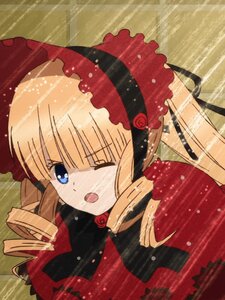 Rating: Safe Score: 0 Tags: 1 1girl blonde_hair blue_eyes bonnet bow dress drill_hair flower image long_hair long_sleeves one_eye_closed open_mouth red_flower red_rose rose shinku solo twin_drills User: admin