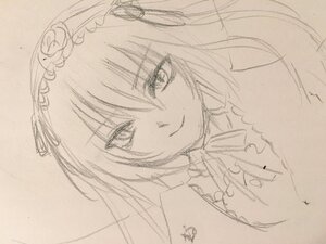 Rating: Safe Score: 0 Tags: 1girl closed_mouth eyebrows_visible_through_hair frills hairband image long_hair looking_at_viewer monochrome ribbon signature simple_background sketch smile solo suigintou traditional_media white_background User: admin