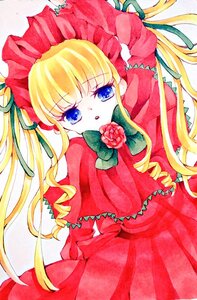 Rating: Safe Score: 0 Tags: 1girl blonde_hair blue_eyes bonnet bow bowtie dress flower green_bow image long_hair long_sleeves looking_at_viewer marker_(medium) red_dress rose shinku simple_background solo traditional_media twintails white_background User: admin