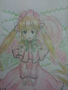 Rating: Safe Score: 0 Tags: 1girl :d blonde_hair blue_eyes bonnet bow bowtie cowboy_shot dress flower image long_hair long_sleeves looking_at_viewer open_mouth pink_bow red_dress shinku smile solo standing traditional_media twintails watercolor_(medium) User: admin