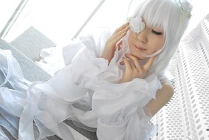 Rating: Safe Score: 0 Tags: 1girl closed_eyes closed_mouth detached_sleeves dress flower kirakishou lips long_hair sitting solo white_dress white_hair white_theme User: admin