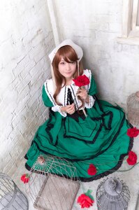 Rating: Safe Score: 0 Tags: 1girl birdcage brown_hair cage dress flower frills green_dress long_hair red_flower red_rose rose sitting smile solo suiseiseki User: admin