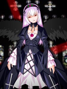 Rating: Safe Score: 0 Tags: 1girl auto_tagged black_dress black_wings blurry blurry_background blurry_foreground breasts cross-laced_clothes depth_of_field detached_collar dress flower frills hairband image long_hair long_sleeves looking_at_viewer red_eyes rose rozen_maiden smile solo suigintou umekichi white_hair wings User: admin