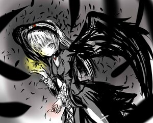 Rating: Safe Score: 0 Tags: 1girl closed_mouth dress feathers flower frills greyscale hairband holding_flower image lolita_hairband long_hair long_sleeves looking_at_viewer monochrome solo standing suigintou wings User: admin